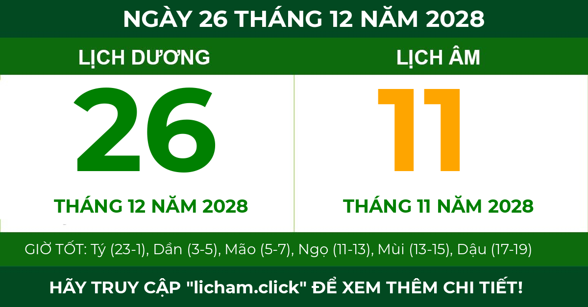lịch âm ngày 26 tháng 12 năm 2028