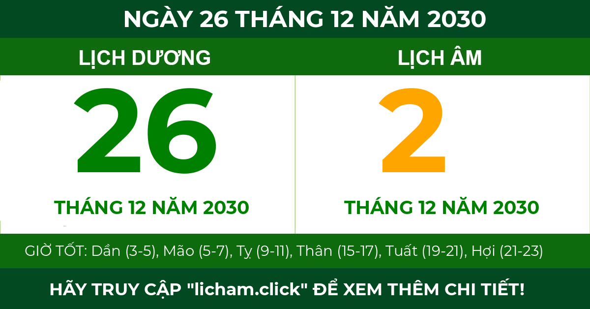 lịch âm ngày 26 tháng 12 năm 2030