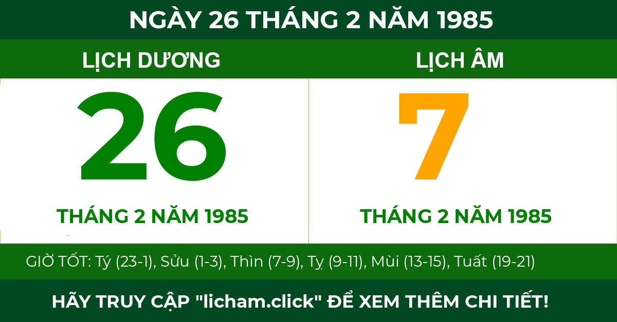 lịch âm ngày 26 tháng 2 năm 1985