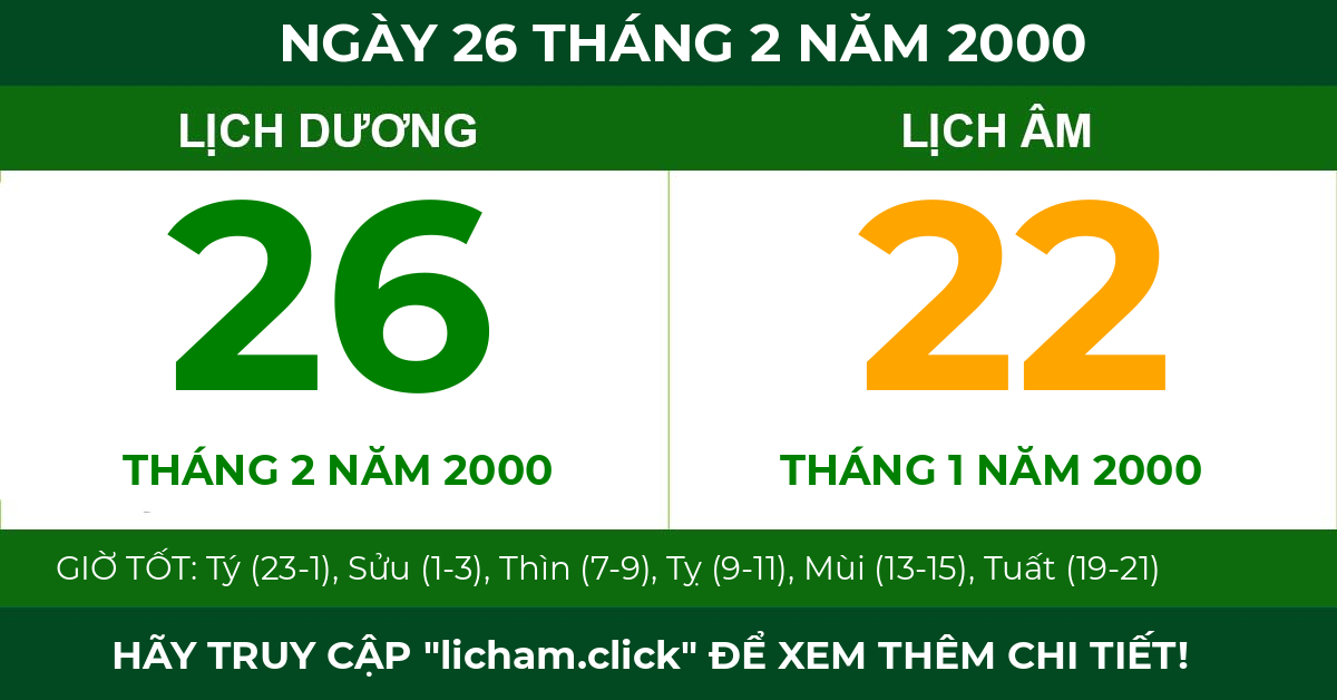 lịch âm ngày 26 tháng 2 năm 2000