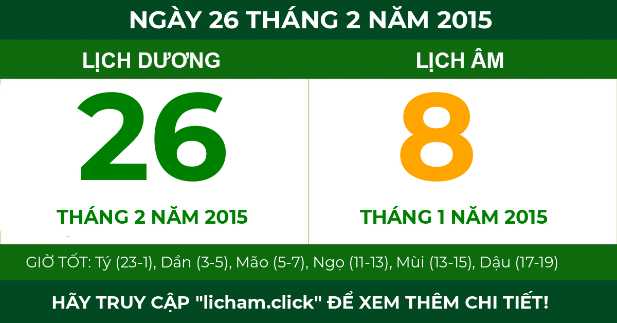 lịch âm ngày 26 tháng 2 năm 2015