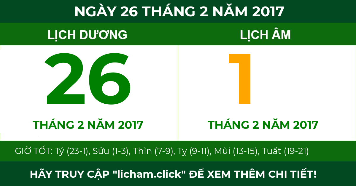 lịch âm ngày 26 tháng 2 năm 2017