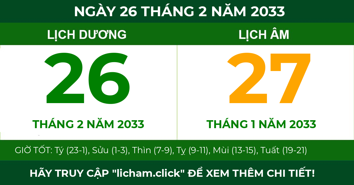lịch âm ngày 26 tháng 2 năm 2033
