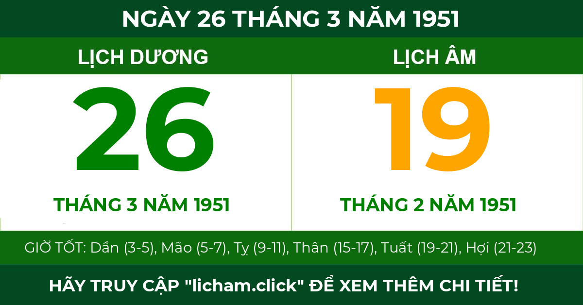 lịch âm ngày 26 tháng 3 năm 1951