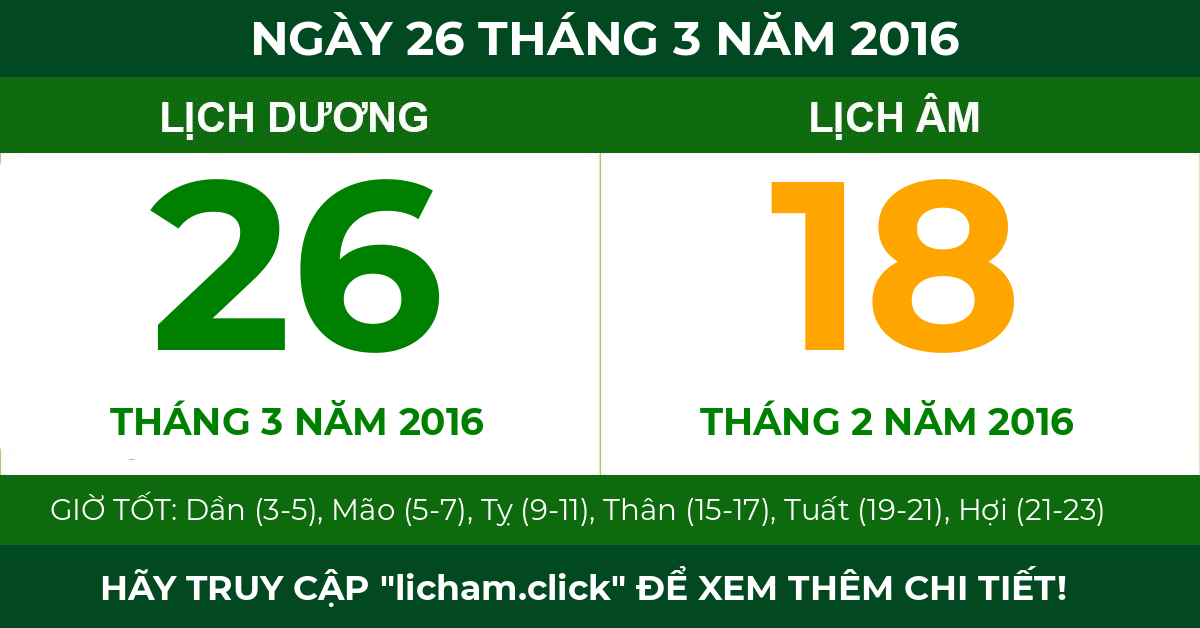 lịch âm ngày 26 tháng 3 năm 2016