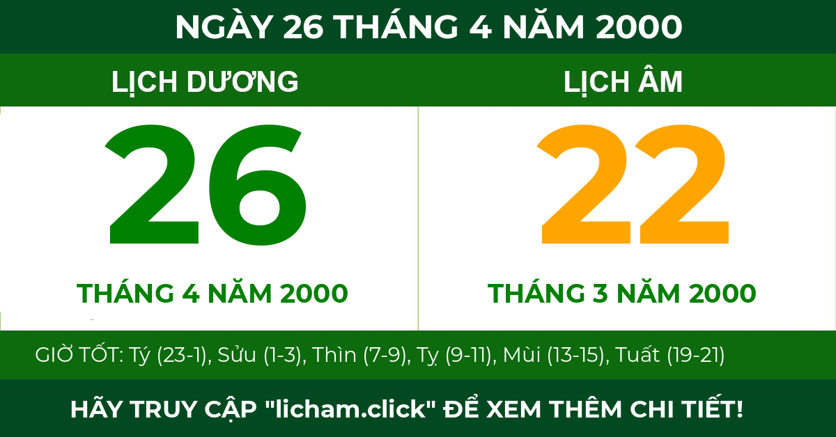 lịch âm ngày 26 tháng 4 năm 2000