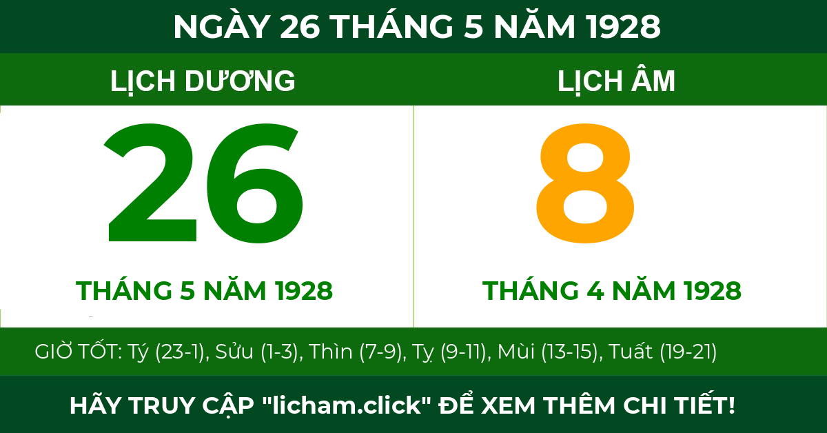 lịch âm ngày 26 tháng 5 năm 1928