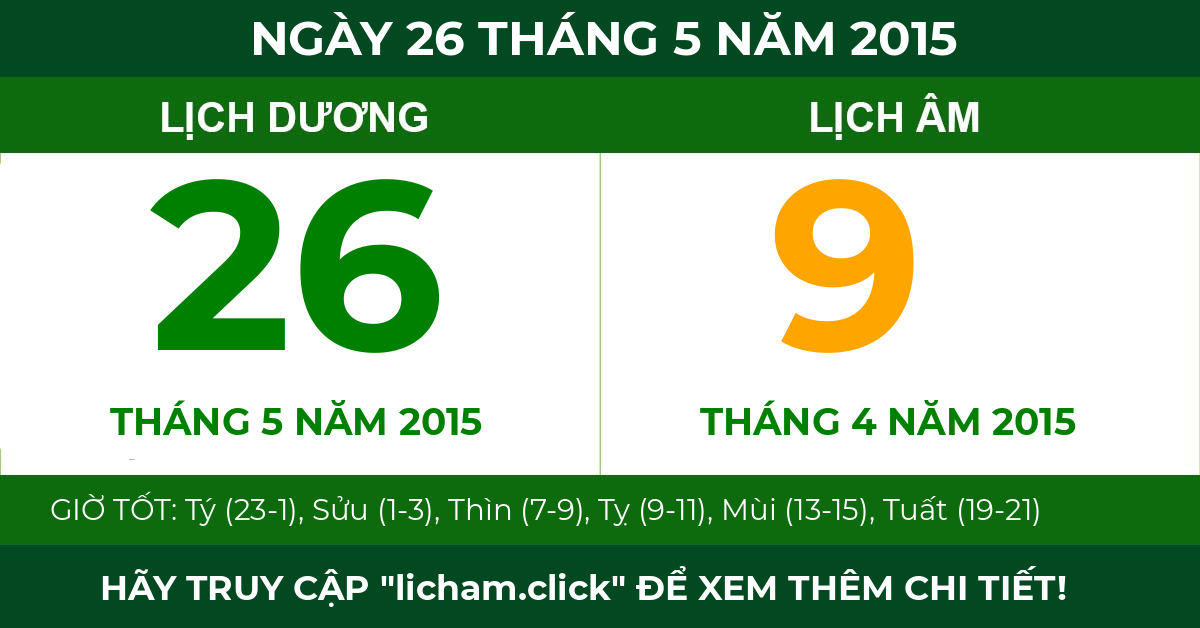lịch âm ngày 26 tháng 5 năm 2015