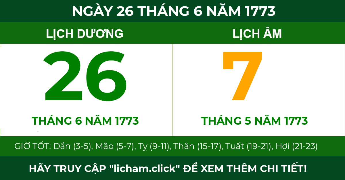 lịch âm ngày 26 tháng 6 năm 1773