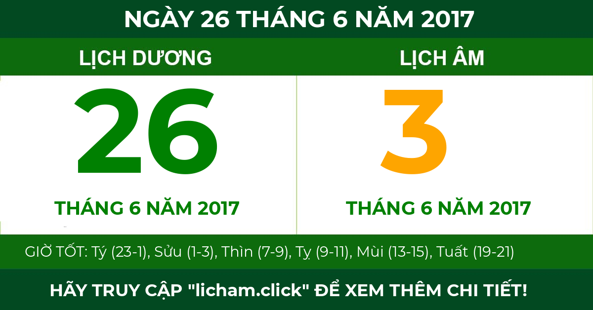 lịch âm ngày 26 tháng 6 năm 2017