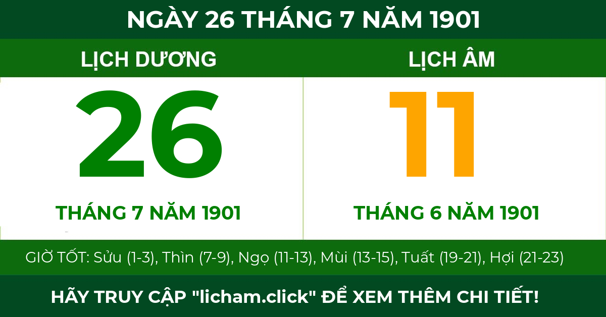 lịch âm ngày 26 tháng 7 năm 1901