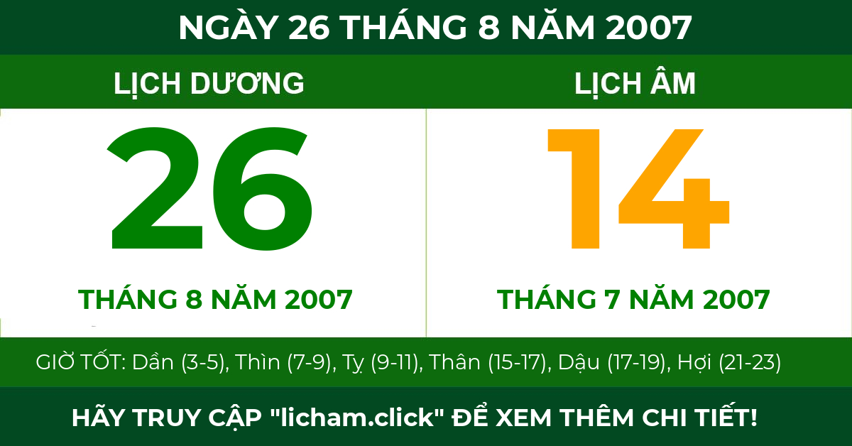 lịch âm ngày 26 tháng 8 năm 2007