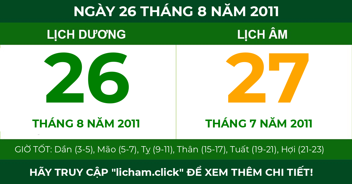 lịch âm ngày 26 tháng 8 năm 2011