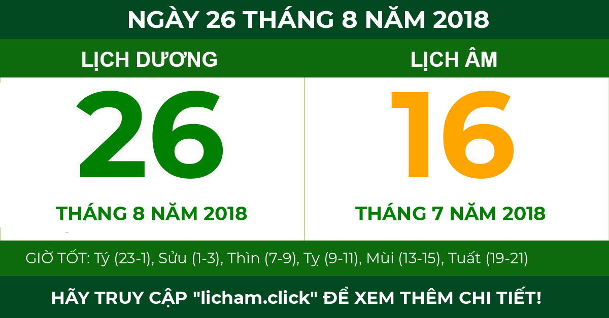 lịch âm ngày 26 tháng 8 năm 2018