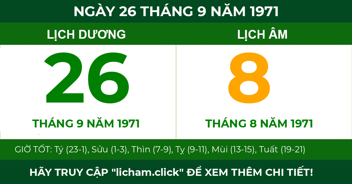 lịch âm ngày 26 tháng 9 năm 1971