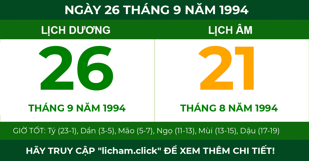 lịch âm ngày 26 tháng 9 năm 1994