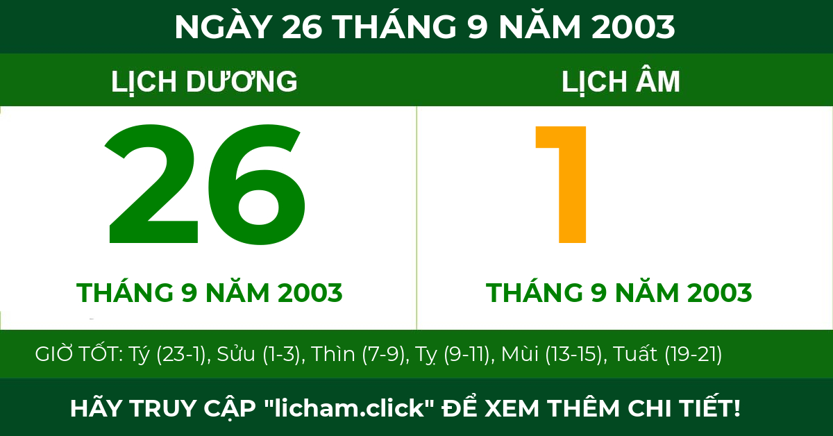 lịch âm ngày 26 tháng 9 năm 2003
