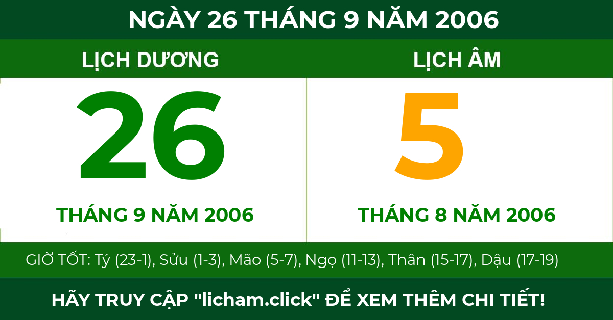 lịch âm ngày 26 tháng 9 năm 2006