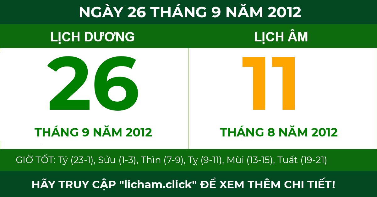 lịch âm ngày 26 tháng 9 năm 2012
