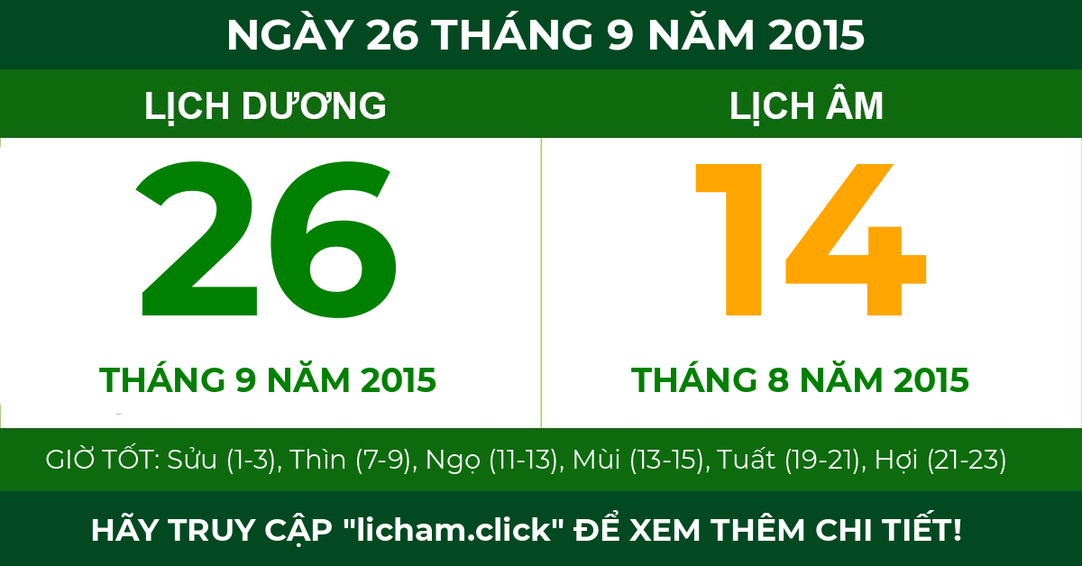 lịch âm ngày 26 tháng 9 năm 2015