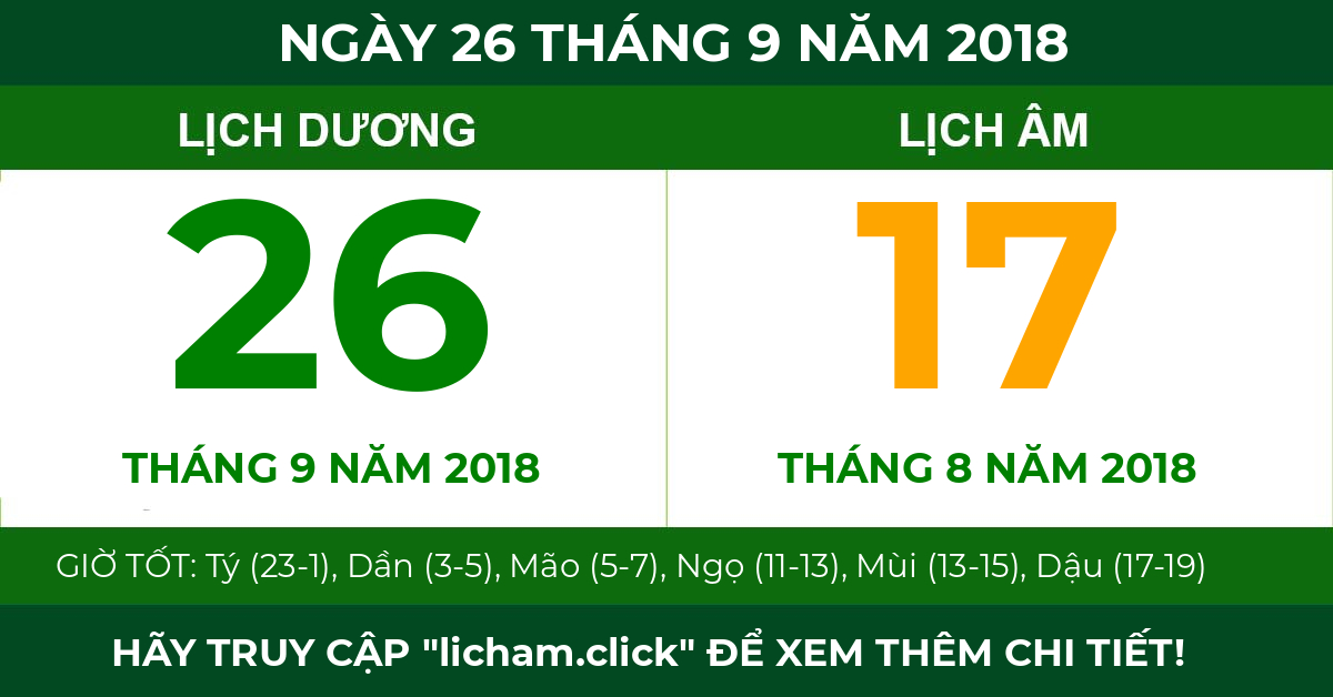 lịch âm ngày 26 tháng 9 năm 2018