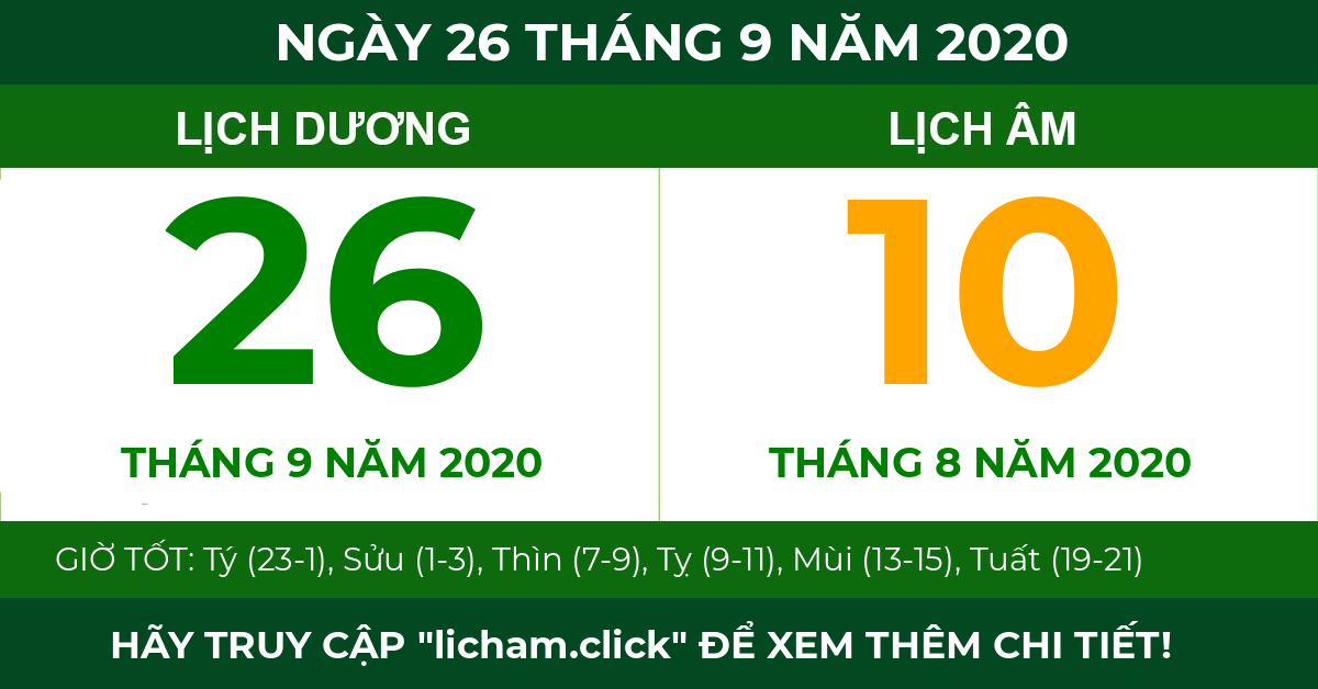 lịch âm ngày 26 tháng 9 năm 2020