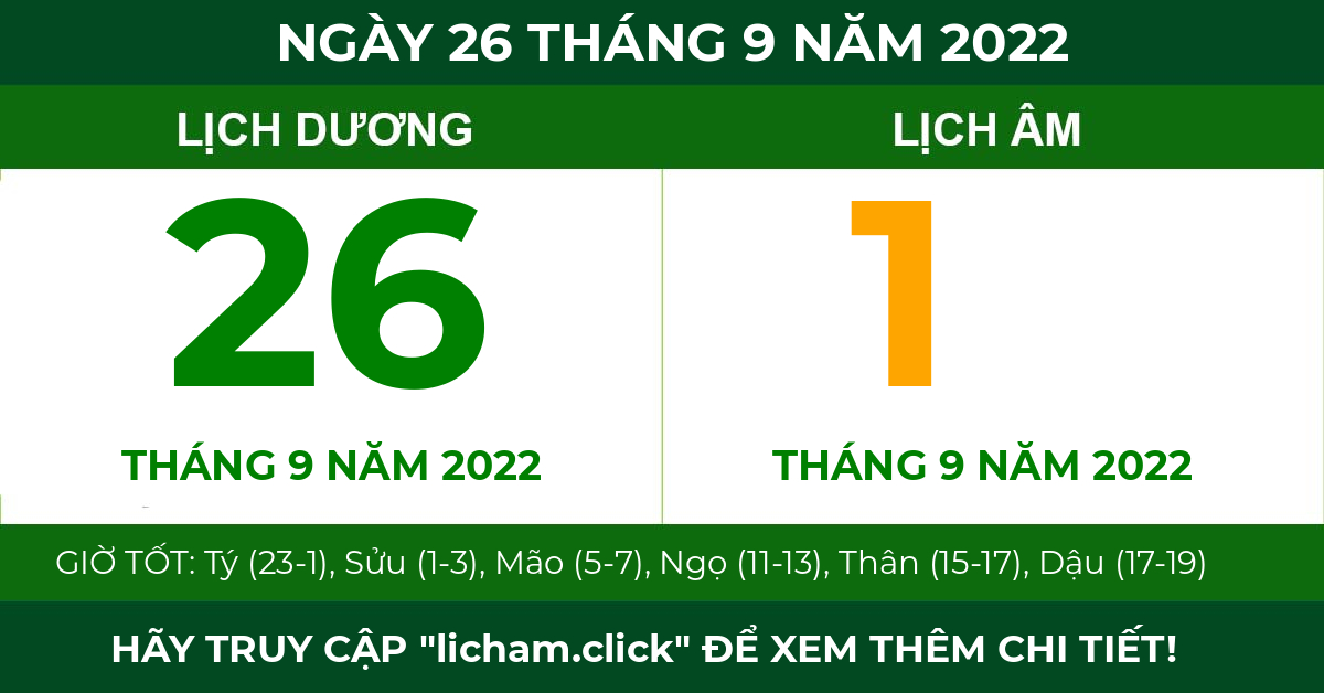 lịch âm ngày 26 tháng 9 năm 2022