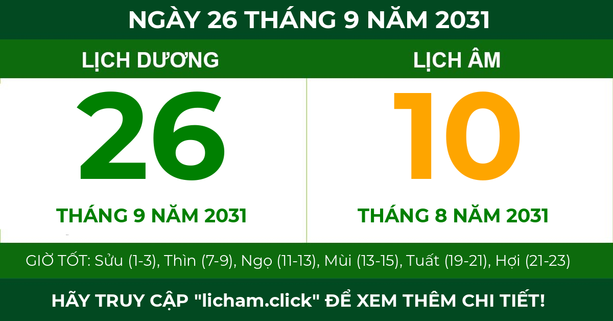 lịch âm ngày 26 tháng 9 năm 2031