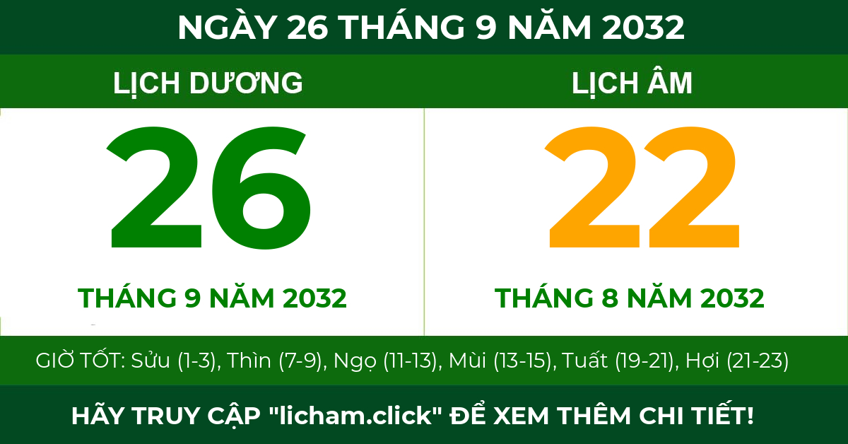 lịch âm ngày 26 tháng 9 năm 2032