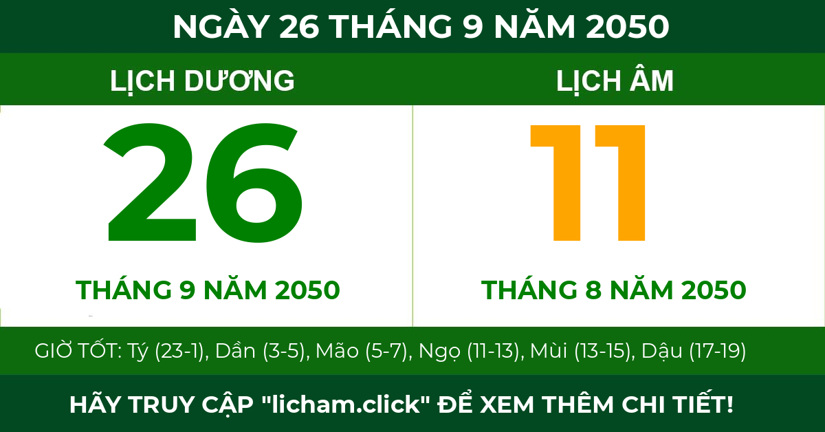 lịch âm ngày 26 tháng 9 năm 2050