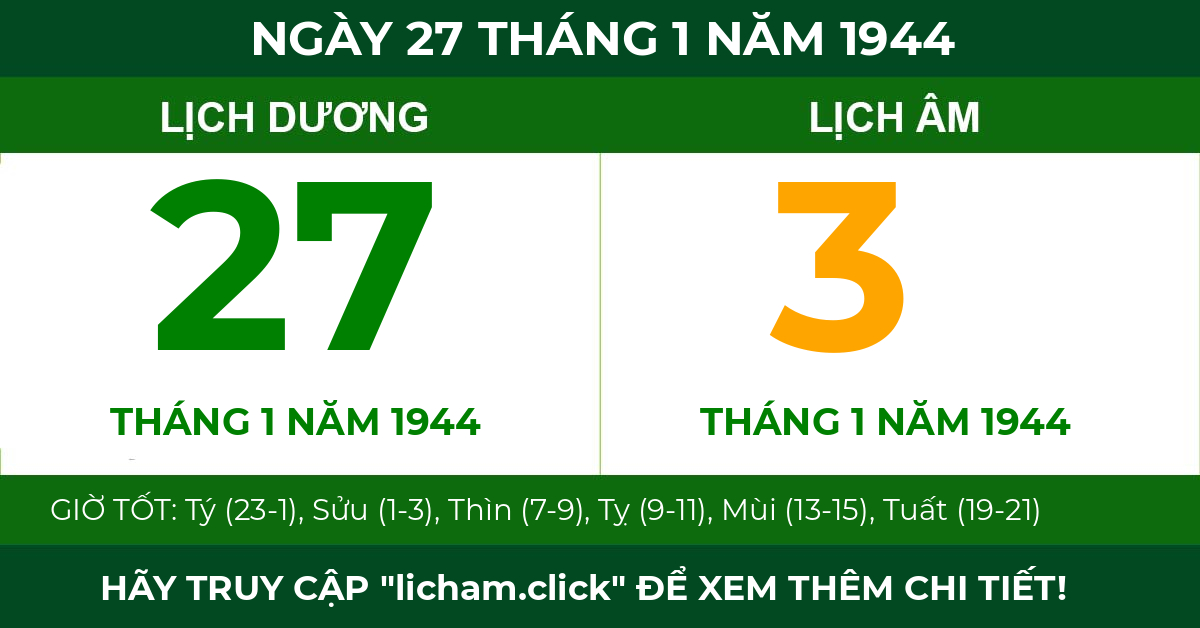 lịch âm ngày 27 tháng 1 năm 1944