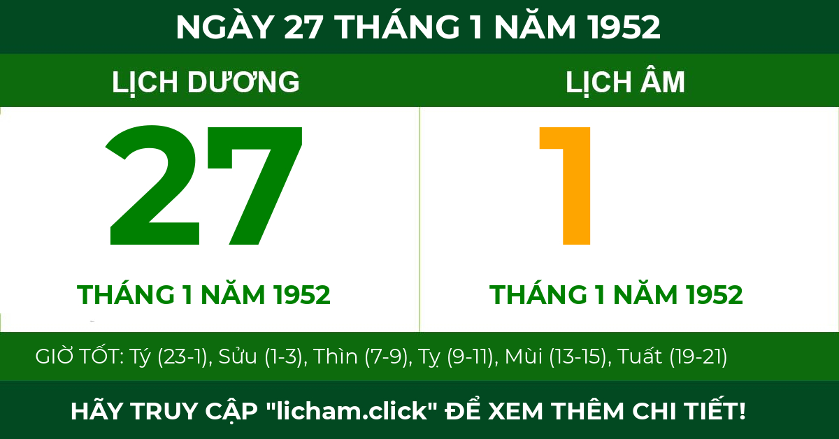 lịch âm ngày 27 tháng 1 năm 1952