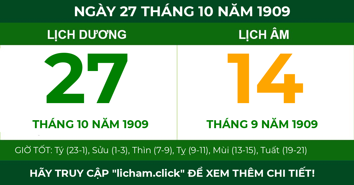 lịch âm ngày 27 tháng 10 năm 1909