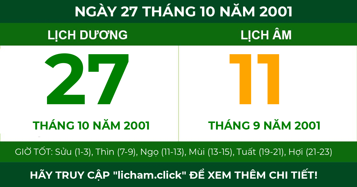 lịch âm ngày 27 tháng 10 năm 2001