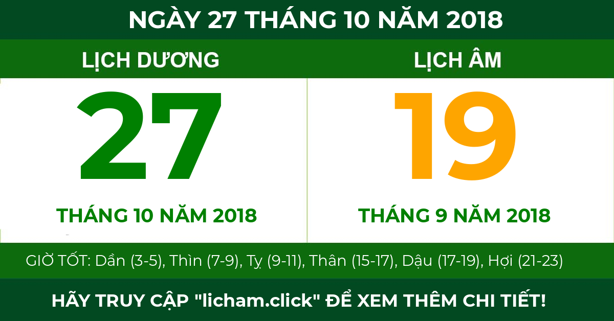 lịch âm ngày 27 tháng 10 năm 2018
