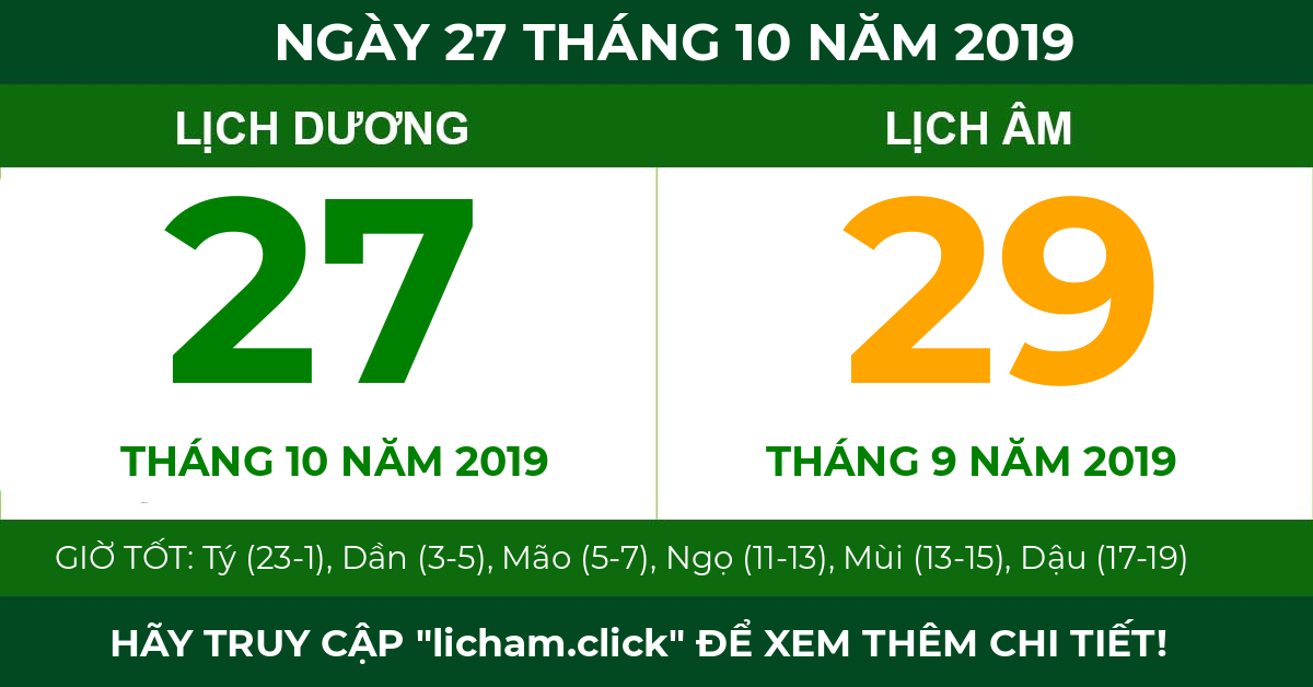 lịch âm ngày 27 tháng 10 năm 2019