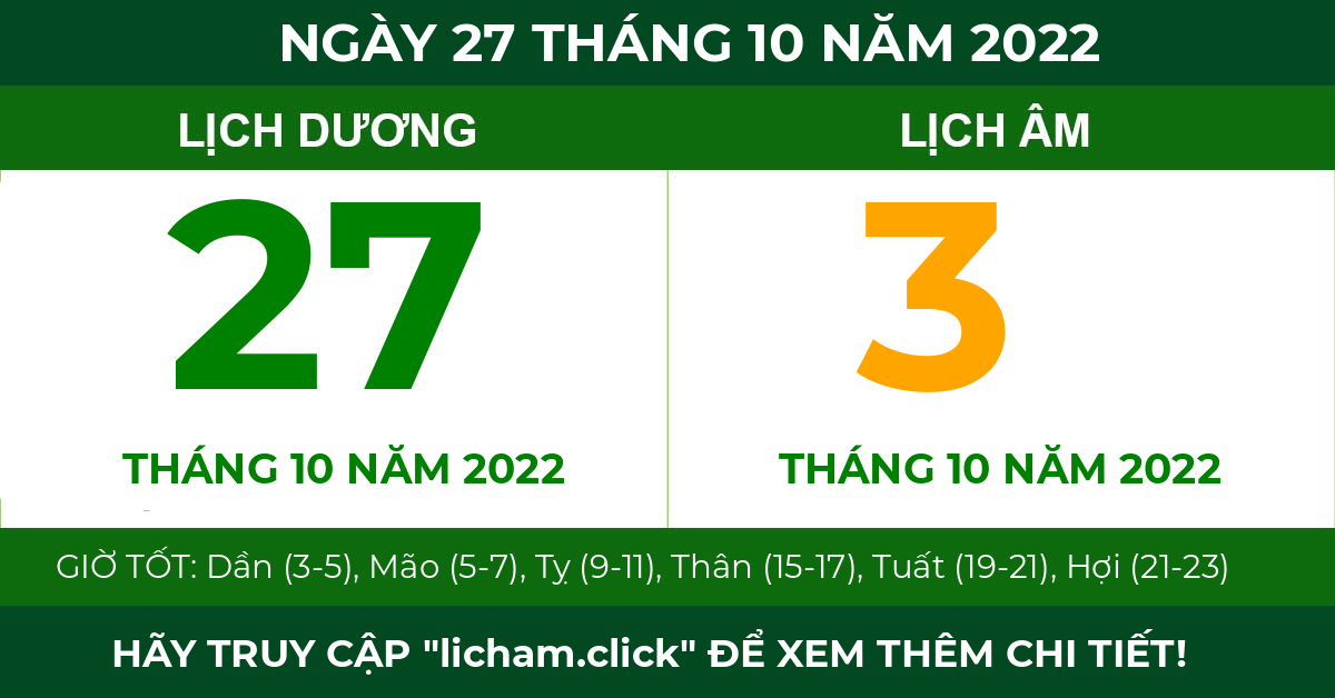 lịch âm ngày 27 tháng 10 năm 2022