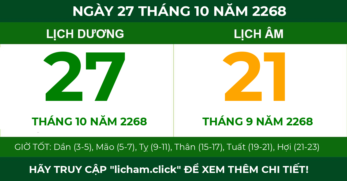 lịch âm ngày 27 tháng 10 năm 2268