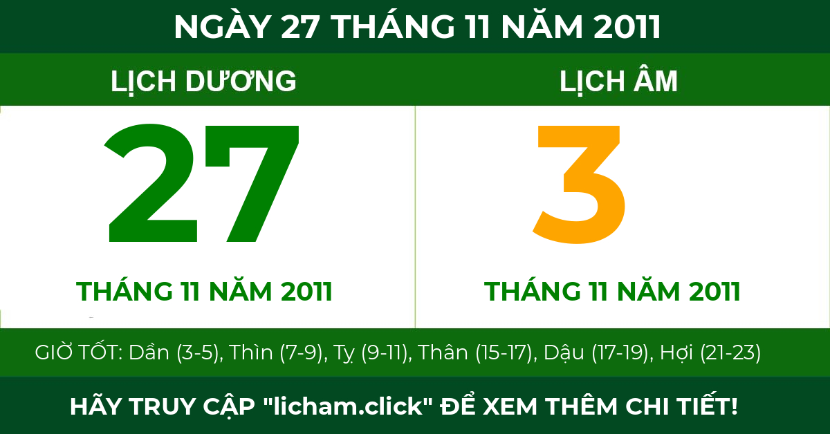 lịch âm ngày 27 tháng 11 năm 2011