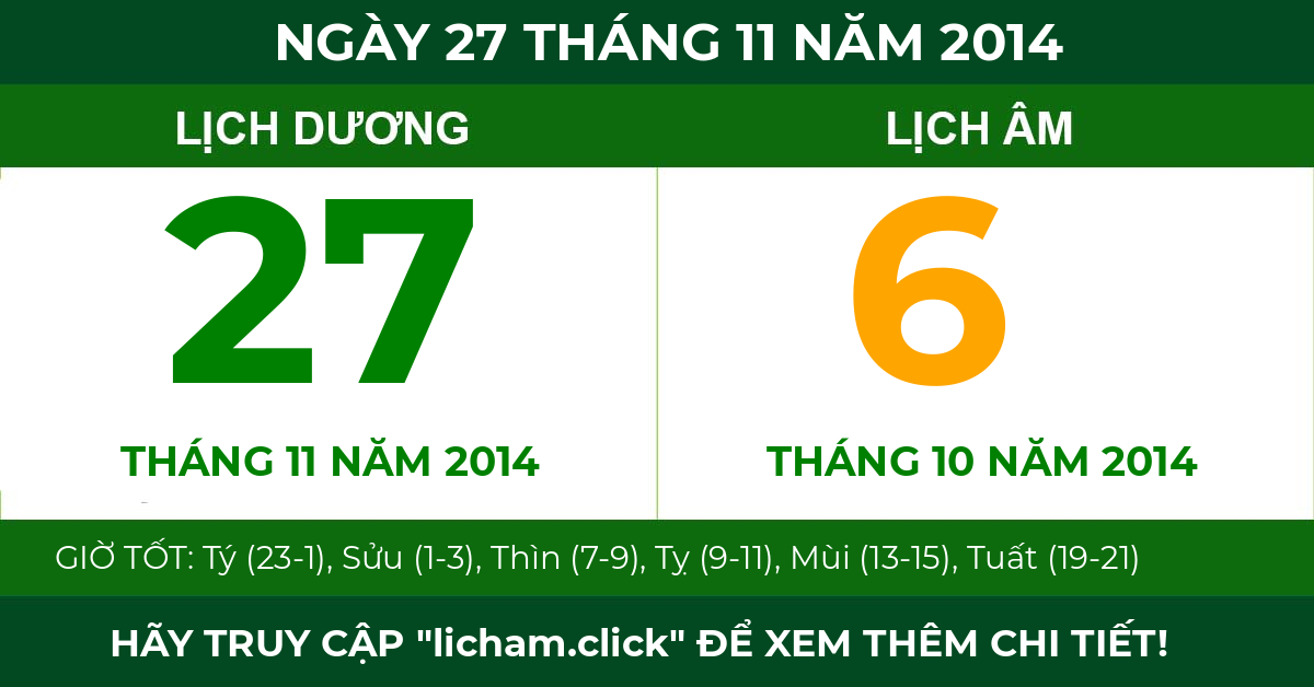 lịch âm ngày 27 tháng 11 năm 2014