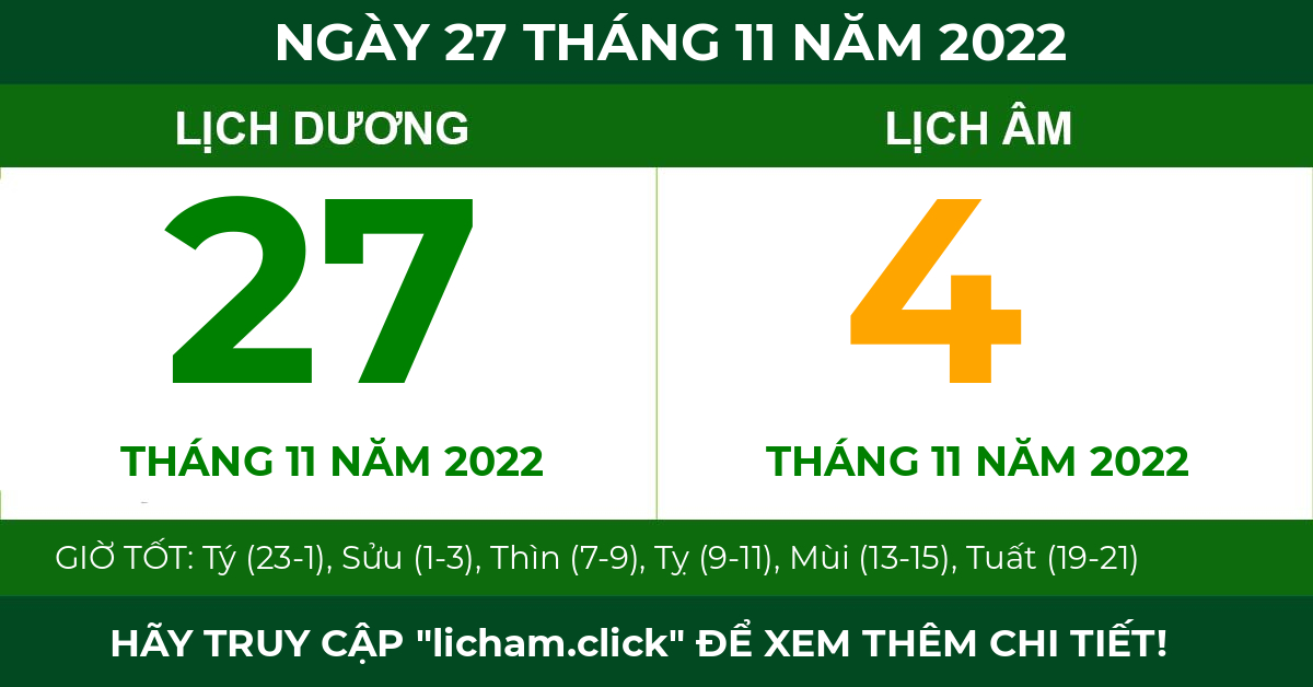lịch âm ngày 27 tháng 11 năm 2022