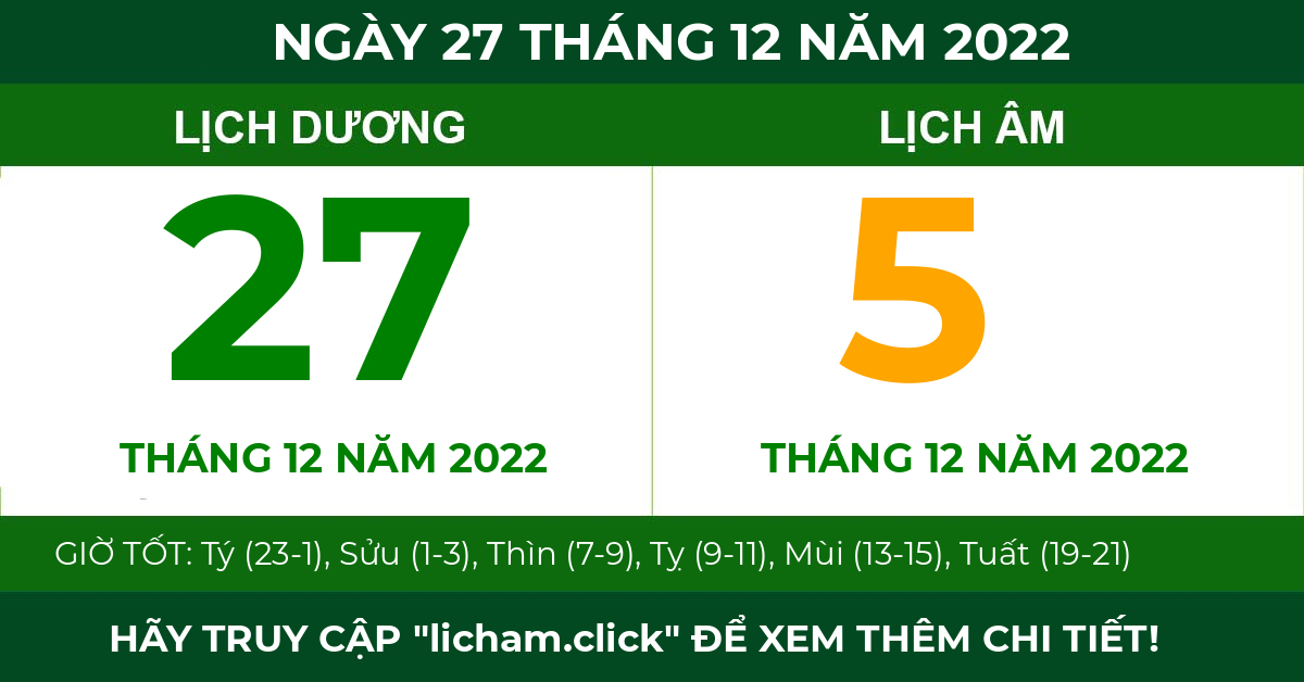 lịch âm ngày 27 tháng 12 năm 2022