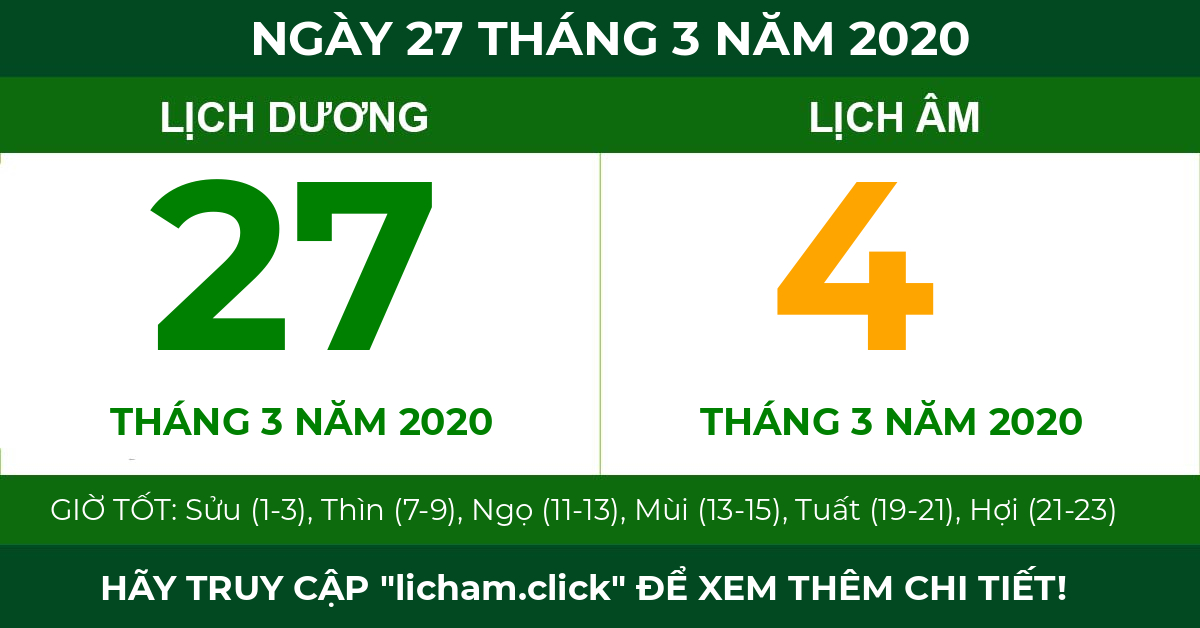 lịch âm ngày 27 tháng 3 năm 2020