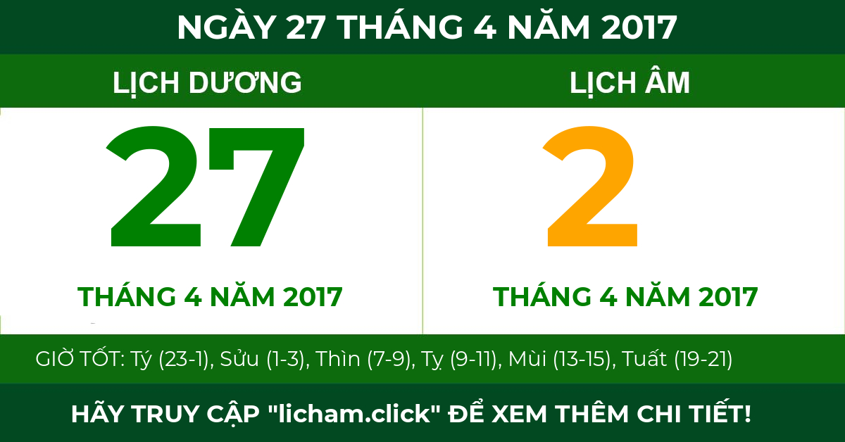 lịch âm ngày 27 tháng 4 năm 2017