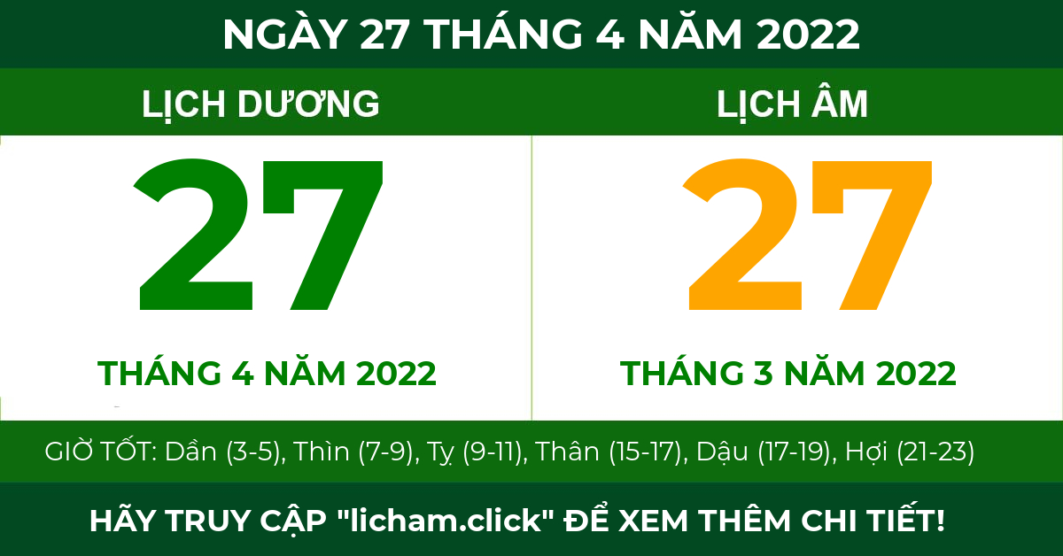 lịch âm ngày 27 tháng 4 năm 2022