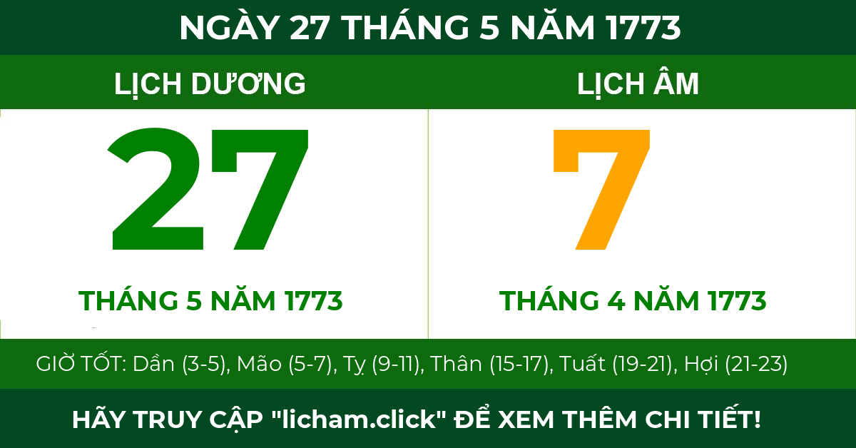 lịch âm ngày 27 tháng 5 năm 1773