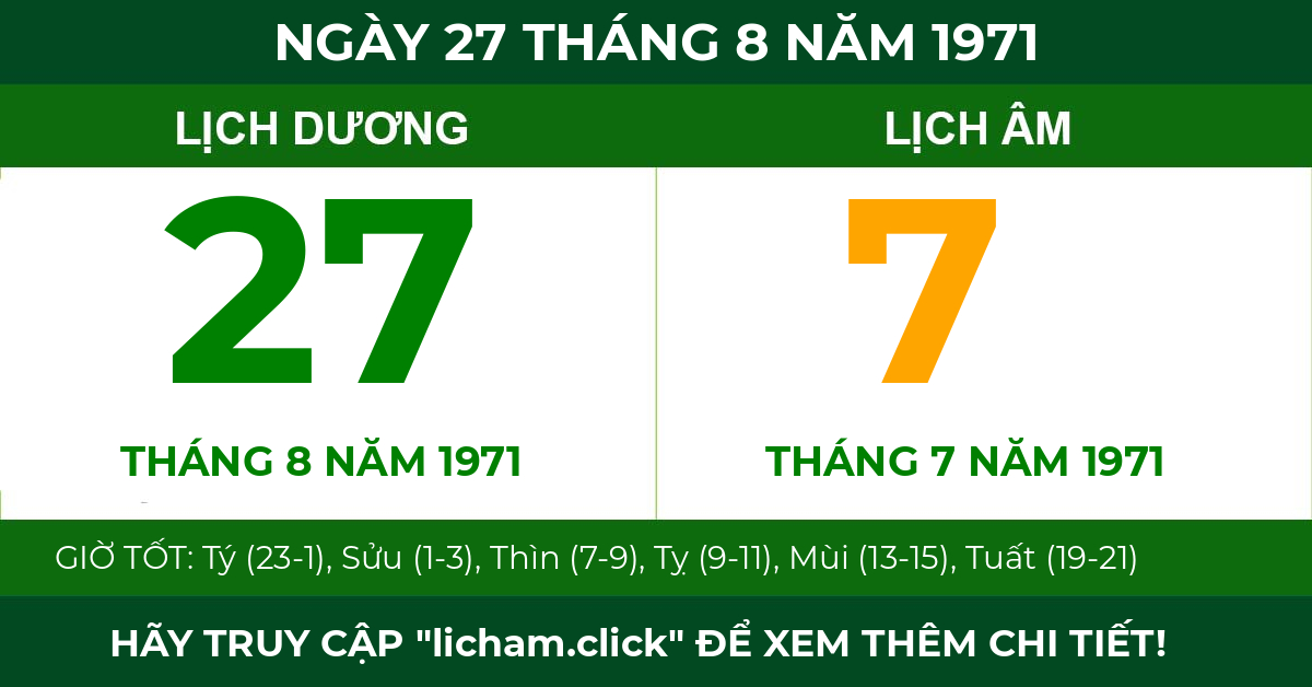 lịch âm ngày 27 tháng 8 năm 1971
