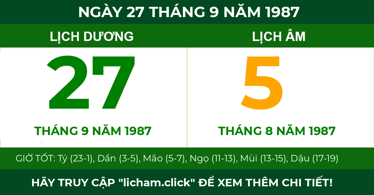 lịch âm ngày 27 tháng 9 năm 1987