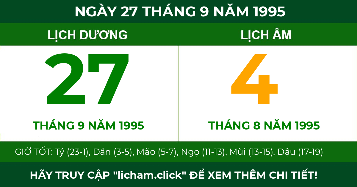 lịch âm ngày 27 tháng 9 năm 1995