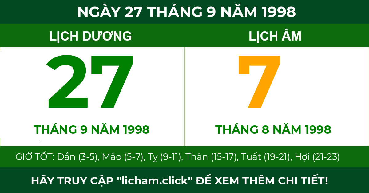 lịch âm ngày 27 tháng 9 năm 1998